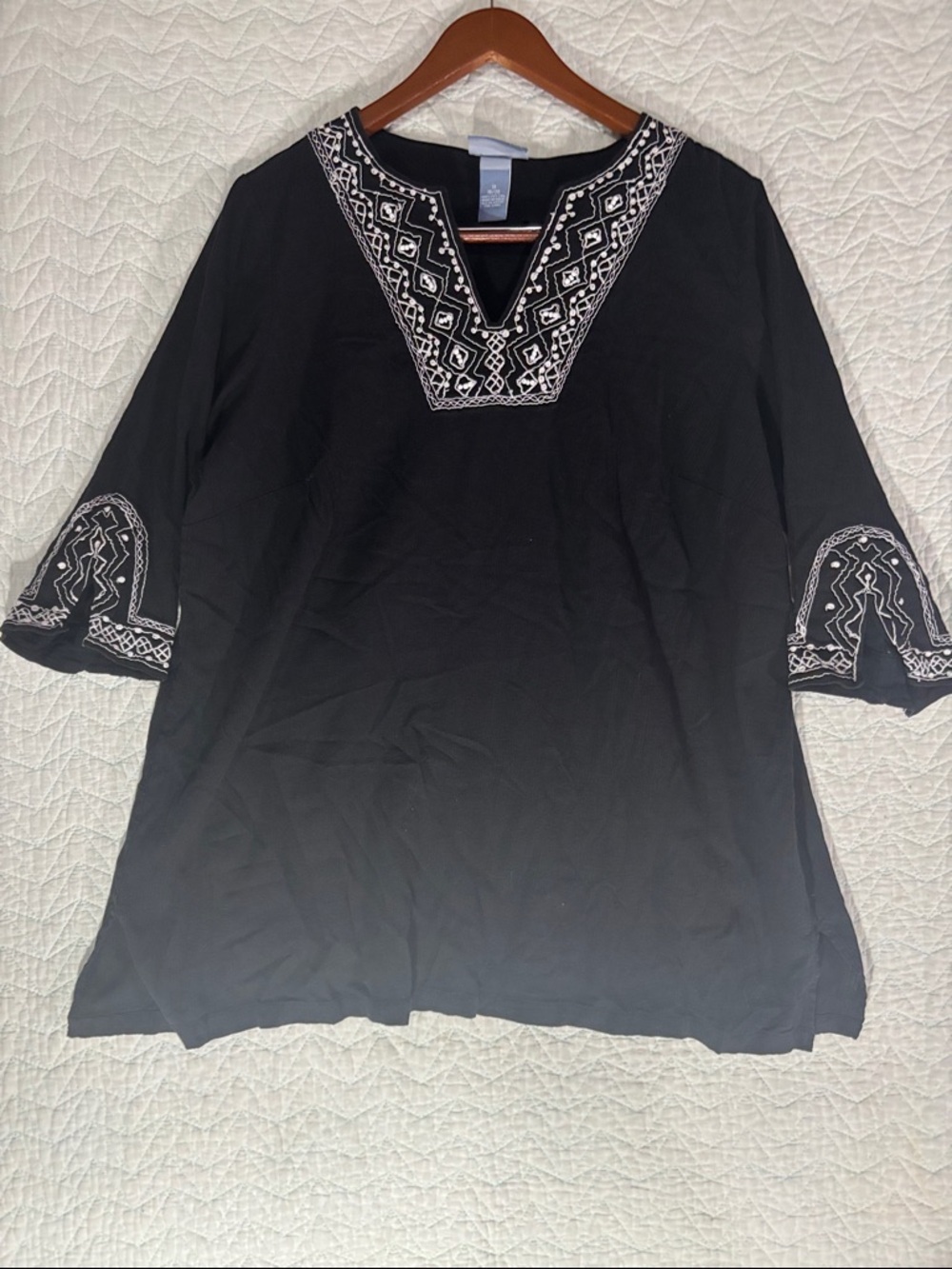 Liz & Me Black Tunic with White Embroidered V-Neck